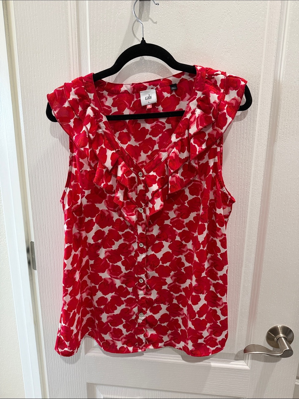 CAbi Red and White Ruffle V-Neck Button Front Blouse